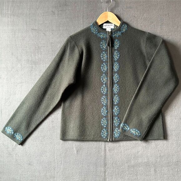 Pendelton Forest Green Merino Wool Cardigan Embroidered Full Zip - Women's L - Picture 2 of 7